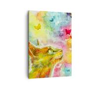 Quadro su Tela 50x70cm Gatto farfalla arcobaleno magia Stampe Immagini Murale
