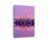 Quadro su Tela 70x100cm Paesaggio Montagna Lago chiesa Stampe Immagini Murale