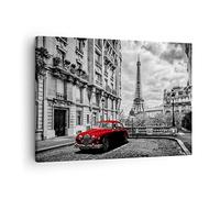 Quadro su Tela 70x50 cm Stampe da Parete Architettura Bianco e Nero - 3214 | Auto Eiffel Strada Quadro Decorativo Piccolo 1 pezzo Soggiorno Camera da Letto Arte da Parete Decorazione da Parete ARTTOR