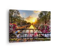 Quadro su tela su tela Bikes Canale Amsterdam Architettura su tela, 70 x 50 cm, decorazione da parete per soggiorno, camera da letto, piccola decorazione da parete, stampa artistica da parete, tela