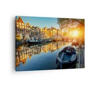 Quadro su Tela 70x50cm Canale barca Amsterdam acqua Stampe Immagini Murale