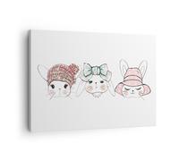 Quadro su Tela 70x50cm Conigli cappelli illustrazione bambini Stampe Murale