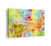 Quadro su Tela 70x50cm Gatto farfalla arcobaleno magia Stampe Immagini Murale