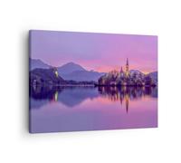 Quadro su Tela 70x50cm Paesaggio Montagna Lago chiesa Stampe Immagini Murale