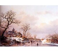 quadro su tela arte della parete Stampe Immagine Famoso Cittadini invernali che pattinano su un corso d'acqua vicino a una villa fortificata al crepuscolo Frederik Marianus Kruseman per 60x90cm