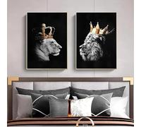 Quadro su tela astratto 2 pezzi stampe su tela con re leone nero e leonessa per decorazione domestica interna della stanza 90x130 cm/35x51 pollicix2 pezzi senza cornice