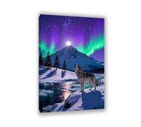 Quadro su tela Aurora boreale lupo della notte polare che ulula animale verde immagini decorazione parete colorata per soggiorno ufficio aurora boreale poster animal60x40cm(24x16in)Cornice interna