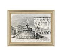 Quadro su Tela Canvas INTELAIATO - con Cornice - Incisione Antica - Fontana Maggiore Palazzo dei Priori Perugia - 1845-50x70cm - Stile Design Legno Naturale - (cod.3317)