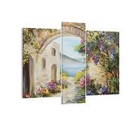Quadro su Tela Casa Santorini Fiori Stampe da Parete 95x80cm Quadri Moderni Soggiorno Camera da Letto Cucina Set 3 pezzi Grandi Decorazione Murale Wall Art Canvas Grafica Immagini CB95x80-4191