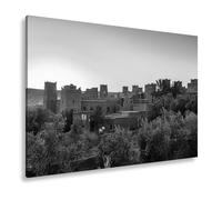 Quadro su tela casbah rosso argilloso nella luce dorata del sole al tramonto, formato: 80 x 60 cm, effetto bianco e nero, XXL stampa artistica su telaio, decorazione da parete o soggiorno