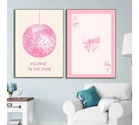 Quadro su tela con fiocco rosa e acquerello alla moda, decorazione per la stanza della ragazza, stile preppy, per appartamenti, murale, 70x100cmx2, cornice interna