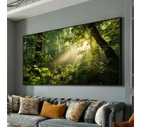Quadro su tela con foresta verde, decorazione murale naturalistica, poster con sole tra gli alberi, dipinto di paesaggio boschivo, arredamento tranquillo con bosco (60x105 cm/cornice interna)