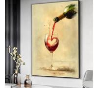 Quadro su tela con immagine di un bicchiere di vino rosso che viene versato, con cuore e schizzi di vino, decorazione romantica per la cucina e il bar, dipinto di una bevanda (70x100 cm/senza cornice)