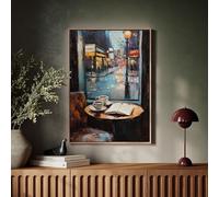 Quadro su tela con scena di finestra di un caffè in una città piovosa - Arte accogliente con caffè e libro aperto, riflessi delle luci della strada urbana, stampe di poster (21x30 cm/senza cornice)