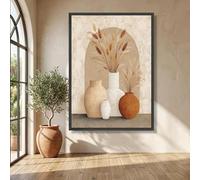 Quadro su tela con vasi rustici, poster boho con fiori secchi, decorazioni per la casa nei toni della terra, opera d'arte minimalista con natura morta floreale (50x75 cm/cornice interna)