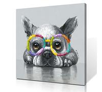 Quadro su tela da parete per cani, in bianco e nero, con bulldog francese, con occhiali da sole colorati, divertenti opere d'arte per cani, incorniciata e pronta da appendere, 30x30 cm