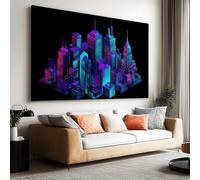 Quadro su Tela Intelaiato 90L x 60l cm Sci Fi Geometrico Viola Città Edifici, Arte Murale Moderna in Alta Definizione Astratto per Casa e Ufficio - Stampa Quadro su Tela con Bordo a Galleria