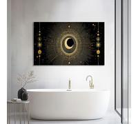 Quadro su Tela Intelaiato Nero Astratto Geometrico Celeste Luna 90L x 60l cm, Arte Murale Moderna in Alta Definizione Boho per Casa e Ufficio - Stampa Quadro su Tela con Bordo a Galleria