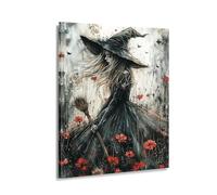 Quadro su tela mistico floreale strega ragazza fanciulla | Elegante decorazione per la casa autunnale e per Halloween | Stampa da parete fantasia (Art-1,30 x 45 cm (con cornice))