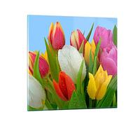 Quadro su Vetro 40x40cm Stampe da Parete in Vetro Tulipani Bouquet fiori rugiada Piccoli Decorazione Murale Camera da Letto Cucina 1 pezzo Quadri Moderni Soggiorno Immagini Wall Art GAC40x40-2526