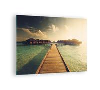 Quadro su Vetro 70x50cm Maldive Cottage Acqua Stampe Immagini Moderni Murale