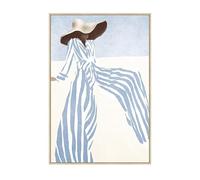 Quadro tela con cornice in legno di una donna sulla spiaggia in bianco e blu 60 x 90 x 3,5 cm