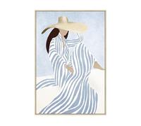 Quadro tela con cornice in legno di una donna sulla spiaggia in bianco e blu 60 x 90 x 3,5 cm