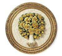 Quadro tondo bouquet di rose gialle in vaso Barocco Porcellana Capodimonte 90cm