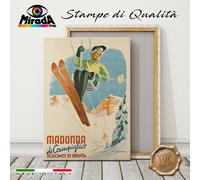QUADRO VINTAGE MADONNA DI CAMPIGLIO DOLOMITI BRENTA INVERNO SCI NEVE TELA CANVAS