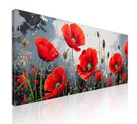 Quadro xxl soggiorno, camera da letto, quadro largo, Papaveri Rossi Vivaci su Sfondo Grigio Artistico, su tela, intelaiato pronto da appendere bow36-90x40 cm