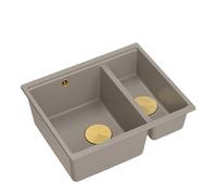 QUADRON Lavello a doppia vasca Lavello da cucina | dimensioni 55,5 x 46 x 22 cm, Soft Taupe + Gold Pvd (Vasca Da Incasso) | Lavello in granito LOGAN 150 | base da 60cm