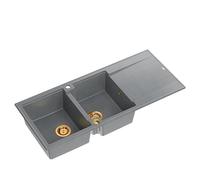 QUADRON Lavello a due vasche grigio, EVAN 121 GraniteQ, lavello in granito a 2 vasche 1160 x 500 x 210 mm, lavello Push 2 Open con sifone e scolapiatti, elementi in rame PVD