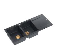 QUADRON Lavello a due vasche nero, EVAN 121 Black Diamond GraniteQ, lavello in granito a 2 vasche 1160 x 500 x 210 mm, Push 2 Open con sifone e scolapiatti, elementi in rame PVD