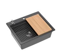QUADRON lavello cucina in granito | dimensioni 59,5 x 50 x 21,5 cm, colore: nero | KURT 110 lavello | lavello da cucina a vasca singola | set: dispenser, tavola di legno, Qmata, sifone