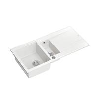 QUADRON Lavello in granito | dimensioni 50 x 100 x 21/16 cm, colore: Bianco + Acciaio | EVAN 156 lavello da cucina a doppia vasca con scolapiatti | con foro per rubinetto