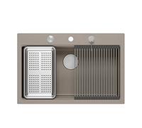QUADRON Lavello, lavello MARC 110 WORKSTATION in GraniteQ, lavello a 1 vasca, 760 x 500 x 220 mm, colore tortora + sifone apribile + dispenser + piastra/elementi in acciaio