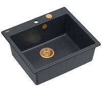 QUADRON Lavello nero e rame | dimensioni 57 x 50 x 22 cm | lavello in granito MORGAN 110 da incasso con foro per rubinetto | lavello a vasca singola lavello da cucina a vasca singola
