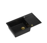 QUADRON Lavello Pure Carbon + Gold Pvd | dimensioni 86 x 50 x 21 cm | lavello in granito EVAN 136 XL a vasca singola | con sifone manuale e scolapiatti | lavello da incasso a 1 vasca