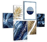 Quadros Foglie Di Fiori Astratti - Nessuna Cornice Necessaria - Collage Moderno Blu Oro - Camera Da Letto Del Soggiorno - N007063a