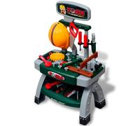 QUAHEAS Banco da lavoro per bambini con attrezzi, verde e grigio, in plastica, 44 x 28 x 71 cm, per bambini dai 3 anni in su, con cacciavite, martello, pinza, educativo, gioco di ruolo