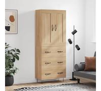 QUAHEAS Highboard Sonoma legno di quercia 69,5 x 34 x 180 cm con piedini in metallo, credenza buffet cabinet con spazio per soggiorno e sala da pranzo, moderno armadietto, durevole e stabile