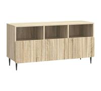 QUAHEAS Mobile TV in rovere Sonoma 102 x 34,5 x 50 cm con 3 cassetti, guide a rotelle e gambe in acciaio, credenza versatile per soggiorno, spazio di archiviazione, ripiano e dispositivi multimediali