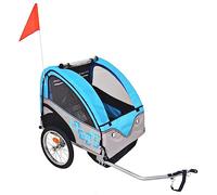 QUAHEAS Rimorchio per bicicletta per bambini, grigio e blu, in acciaio, con parapioggia e zanzariera, portata 30 kg, pieghevole, due posti con cintura a 5 punti, catarifrangenti, gancio di traino per