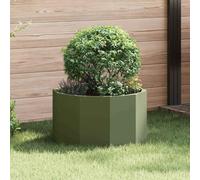 QUAHEAS Vaso per piante in acciaio, 60 x 60 x 35 cm, rotondo, per balcone, terrazzo, giardino, resistente all'inverno, con drenaggio e serbatoio d'acqua, per interni ed esterni, colore verde oliva