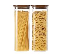 QuaLife Set di 2 barattoli di conservazione (2200 ml) con coperchio in legno - Contenitori ermetici in vetro borosilicato - Barattoli impilabili in vetro - Contenitore quadrato per spaghetti, cereali