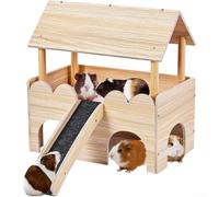 Qualoramall Casetta in legno per piccoli animali domestici con design a due piani e scale per gabbia per criceti e porcellini d'India, colore grigio, materiale naturale, ventilata (stile inclinato)