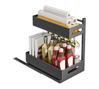 Qualoramall Organizer estraibile a 2 ripiani, altezza regolabile, sotto il lavello, ripiano scorrevole in metallo, per cucina, bagno, lavanderia, nero, 43 x 40 x 26 cm