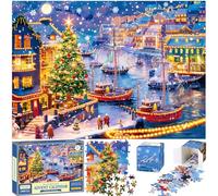 Quanquer Calendario Avvento Puzzle 2024, puzzle natalizio con 24 giorni, 1008 pezzi, per adulti, bambini, calendario natalizio, Regalo di Natale-70 x 50 cm（Porto di Natale）