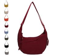 Quantifyn Crossbody Bag, Women's Plain Color Nylon Hobo Bag, Adjustable Strap, 3 Braided Zipper Pockets Divider inside (Red)