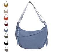 Quantifyn Crossbody Bag, Women's Plain Color Nylon Hobo Bag, Adjustable Strap, 3 Braided Zipper Pockets Divider inside (Blue)